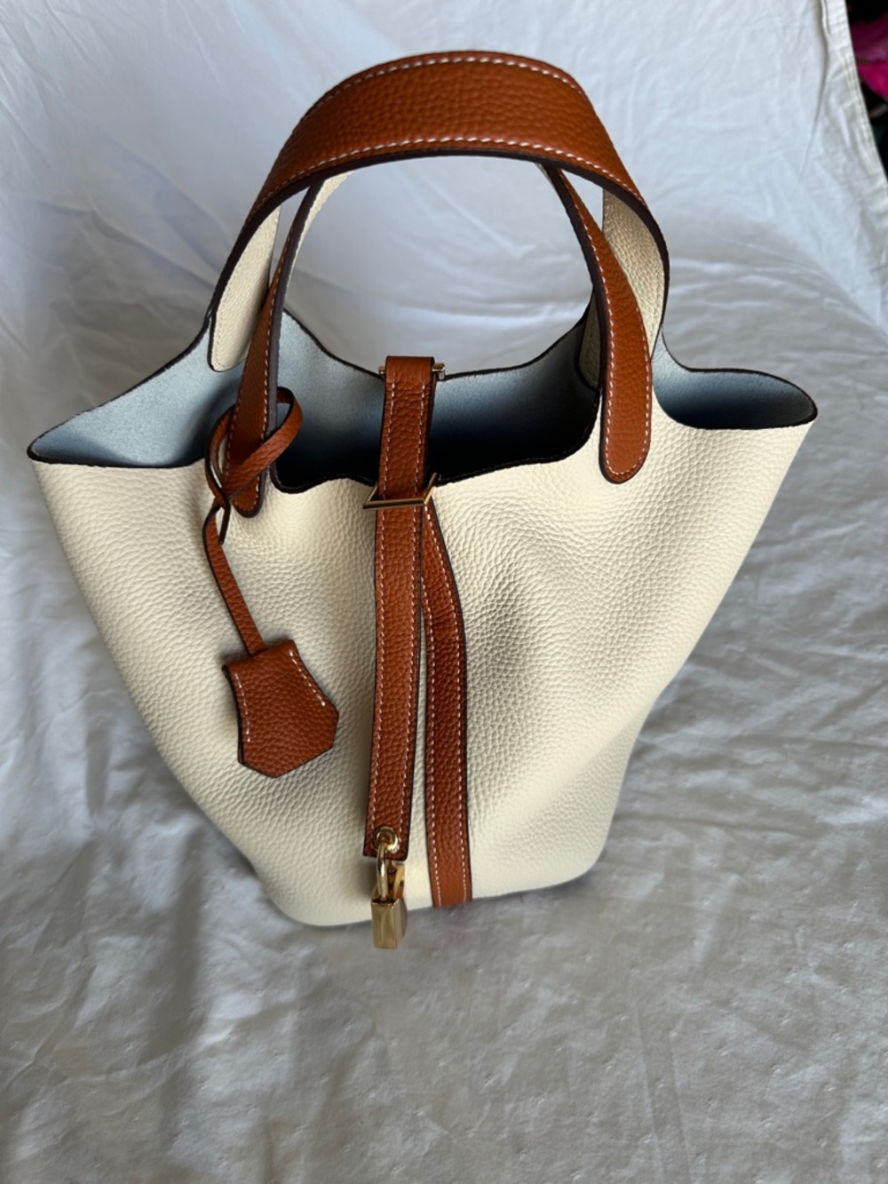 Cream and Tan Leather Tote Bag with Top Handles